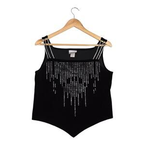 Vintage Y2K Rhinestone Waterfall Crop Tank Top Fashion Bug 12 Black Glam Club